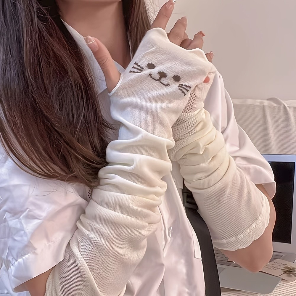 1 Pair Cute Cat Print Arm Cove - Fingerless Glove Knit recension och pris